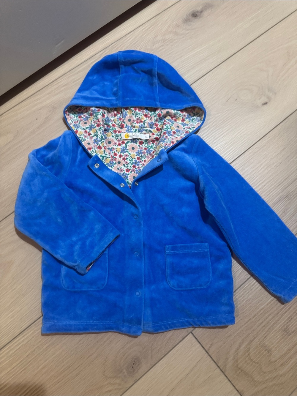 Mini Boden Royal Blue Hooded Velour Raincoat with Floral Lining